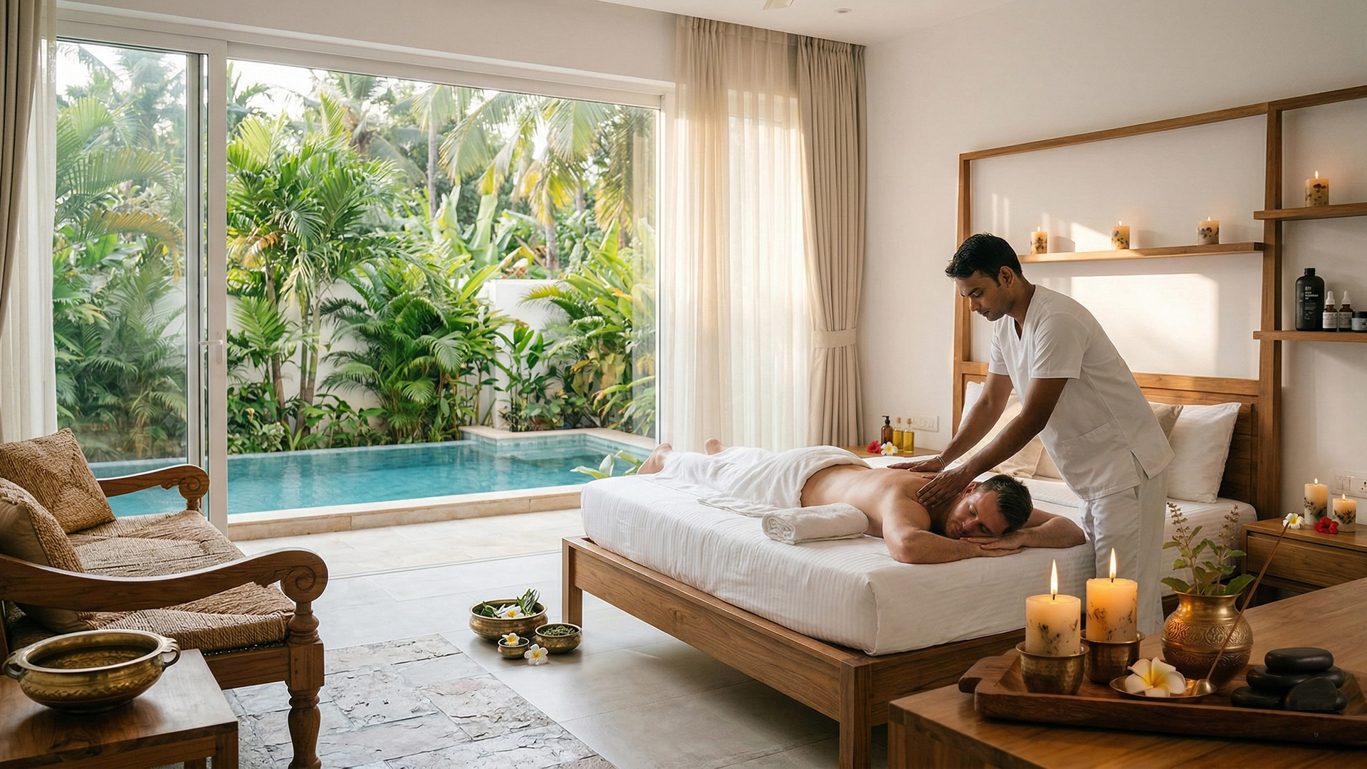 Professional massage therapist arriving at villa door in Goa